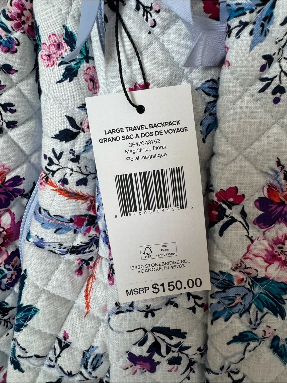 VERA BRADLEY -Cotton Large Travel Backpack Travel Bag, Magnifique Floral- NWT